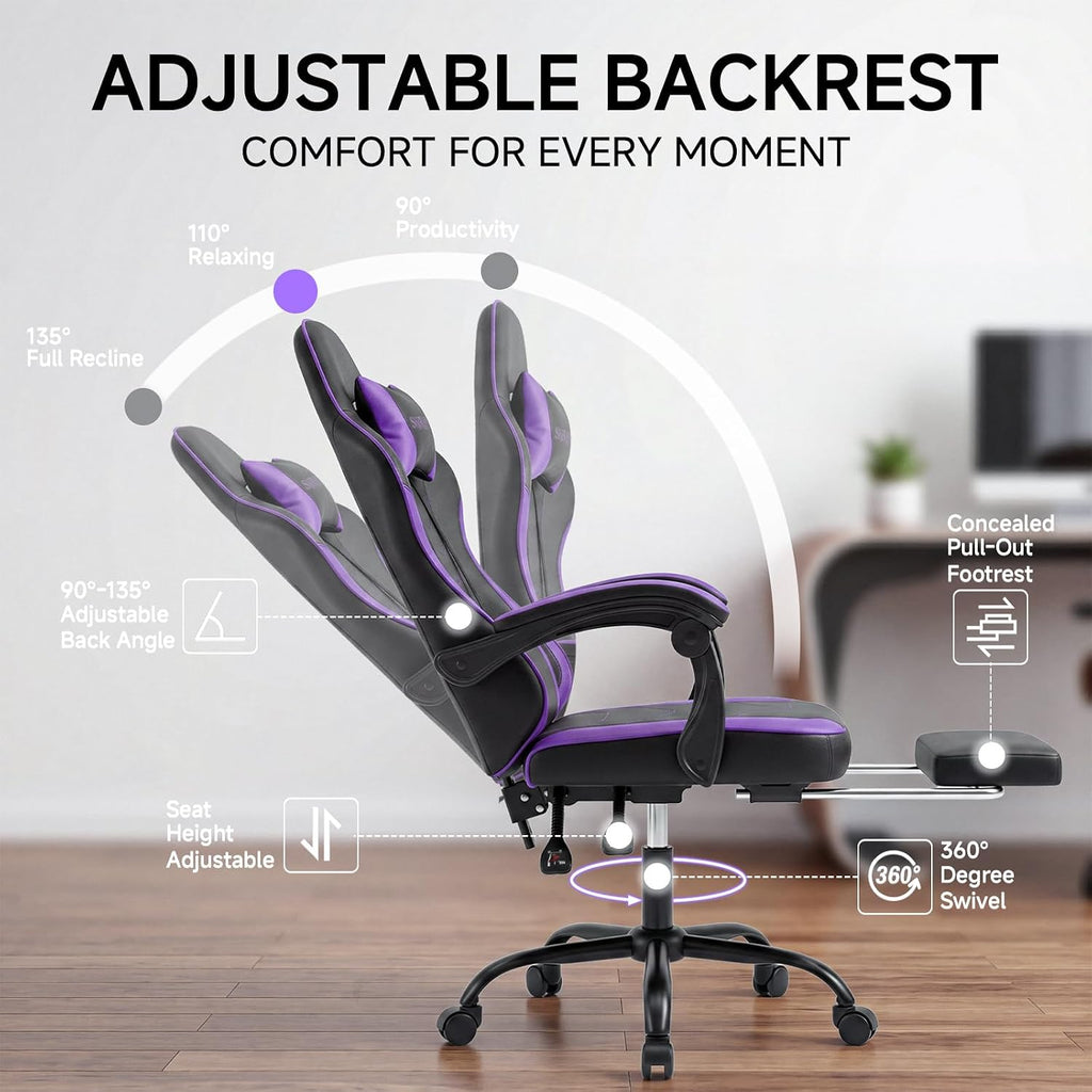 Gaming Chair with Footrest - Ergonomic High Back Racing Style Video Game Chair, Reclining Computer Desk Chair with Linkage Armrests, Height Adjustable Swivel Task Chair, 350lbs Heavy Duty