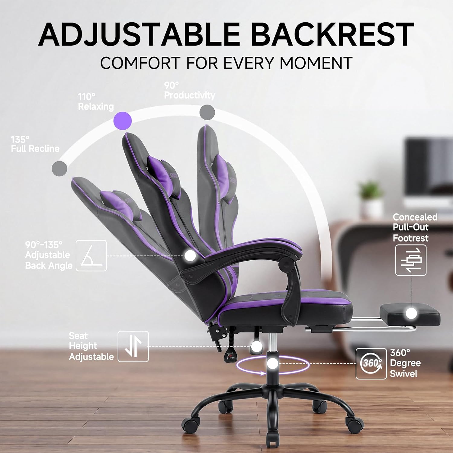 Gaming Chair with Footrest - Ergonomic High Back Racing Style Video Game Chair, Reclining Computer Desk Chair with Linkage Armrests, Height Adjustable Swivel Task Chair, 350lbs Heavy Duty