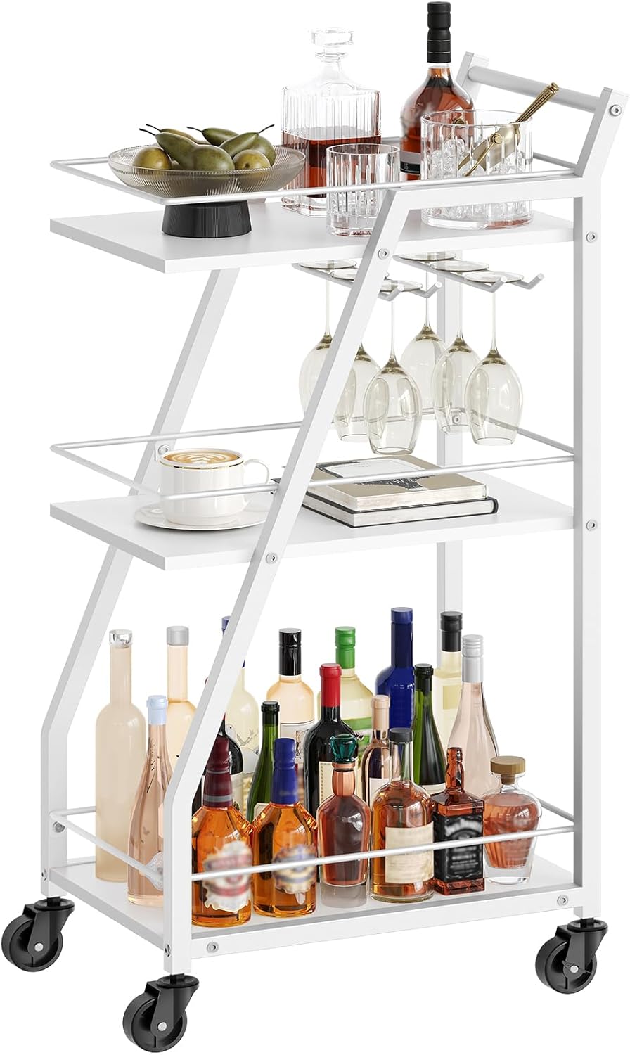 YATINEY Bar Cart, 3-Tier Home Bar Serving Cart with Wheels, Drink Cart with Glass Holder, Beverage Cart, Rolling Kitchen Cart, for Home, Living Room, White and White BC03WW