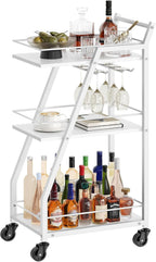 YATINEY Bar Cart, 3-Tier Home Bar Serving Cart with Wheels, Drink Cart with Glass Holder, Beverage Cart, Rolling Kitchen Cart, for Home, Living Room, White and White BC03WW