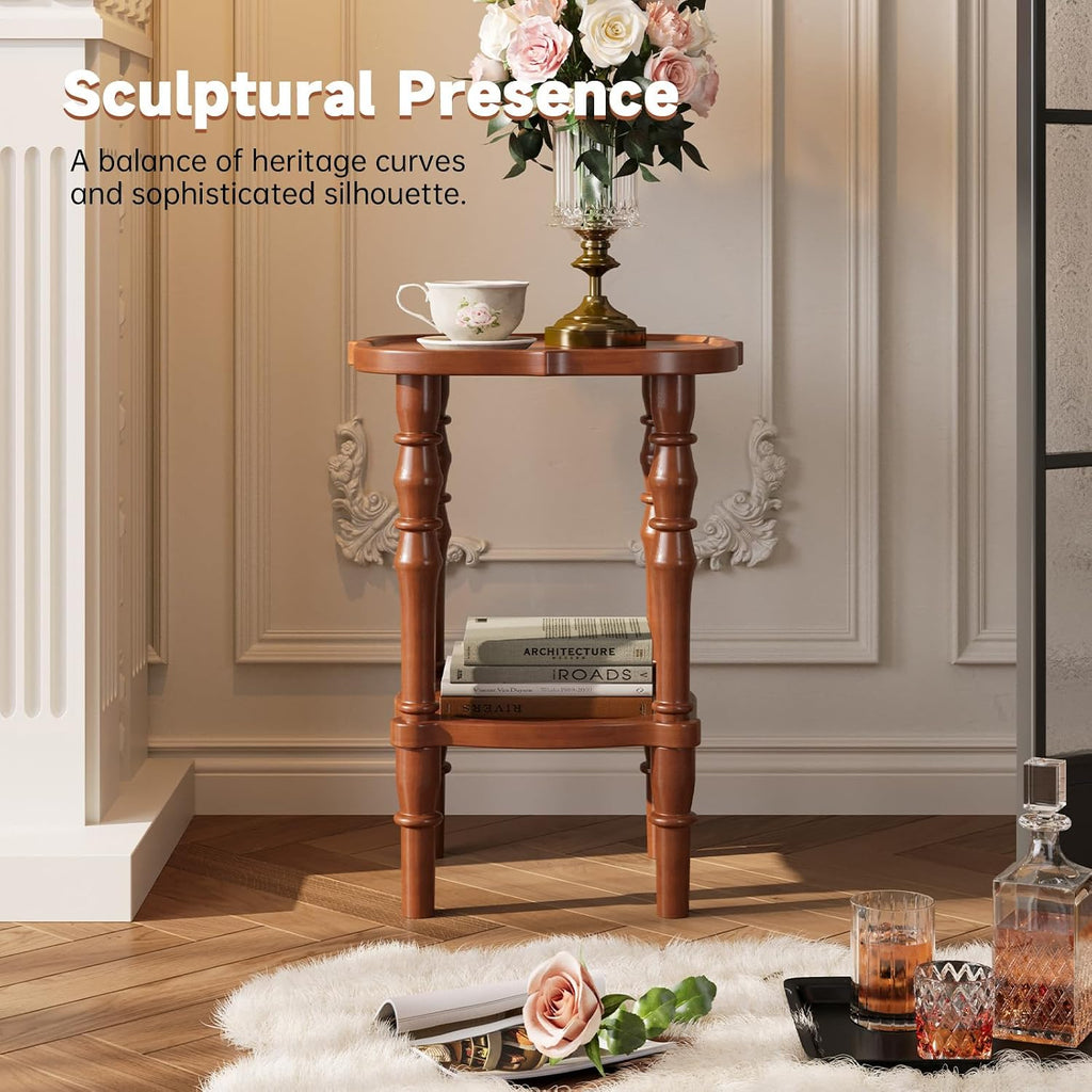 100% Solid Wood Side Table, Vintage 2-Tier Small Round End Table, Nightstand with Handcrafted Spindle Legs, Wooden Accent Table for Small Spaces, Living Room, Bedroom, 5-Min Assembly, Walnut
