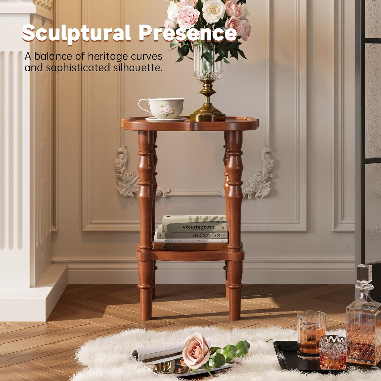 100% Solid Wood Side Table, Vintage 2-Tier Small Round End Table, Nightstand with Handcrafted Spindle Legs, Wooden Accent Table for Small Spaces, Living Room, Bedroom, 5-Min Assembly, Walnut