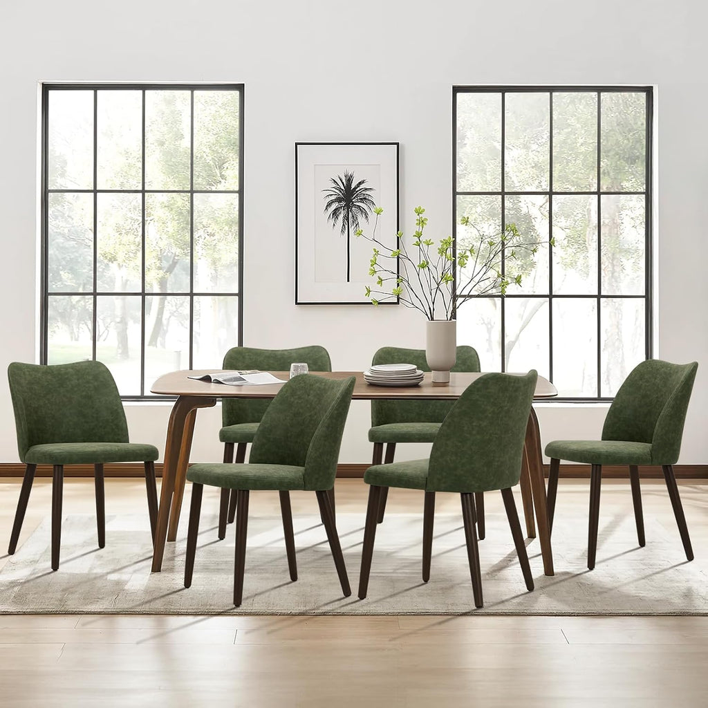COLAMY Upholstered Dining Chairs Set of 6, Modern PU Leather Dining Room Kitchen Side Chair with Padded Seat and Wood Legs Restaurant/Cafe, Green