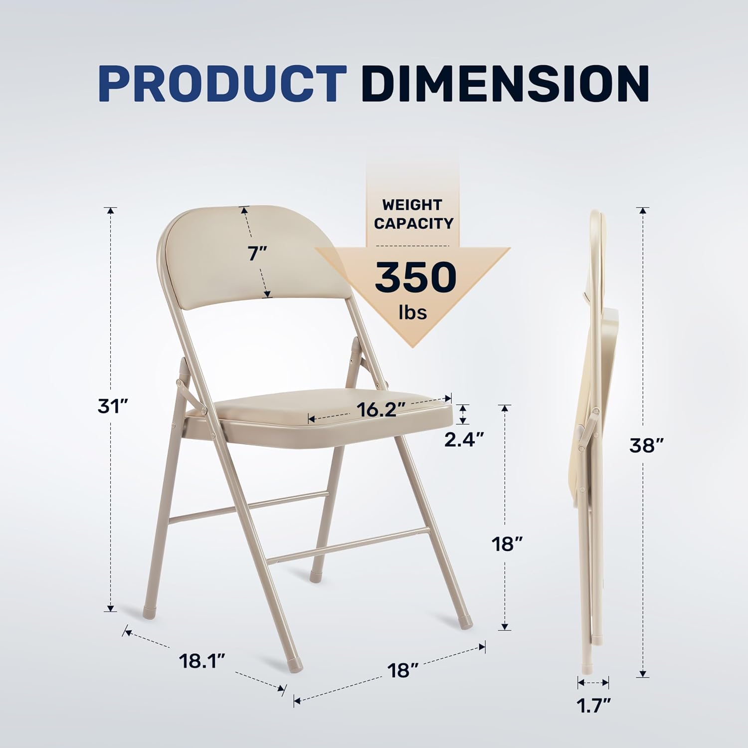 Simple Deluxe 2 Pack Folding Chairs, Plush Padded Leather Seats, Reinforced Metal Frame | Lightweight Collapsible Seats for Home, Office & All Occasions, Khaki