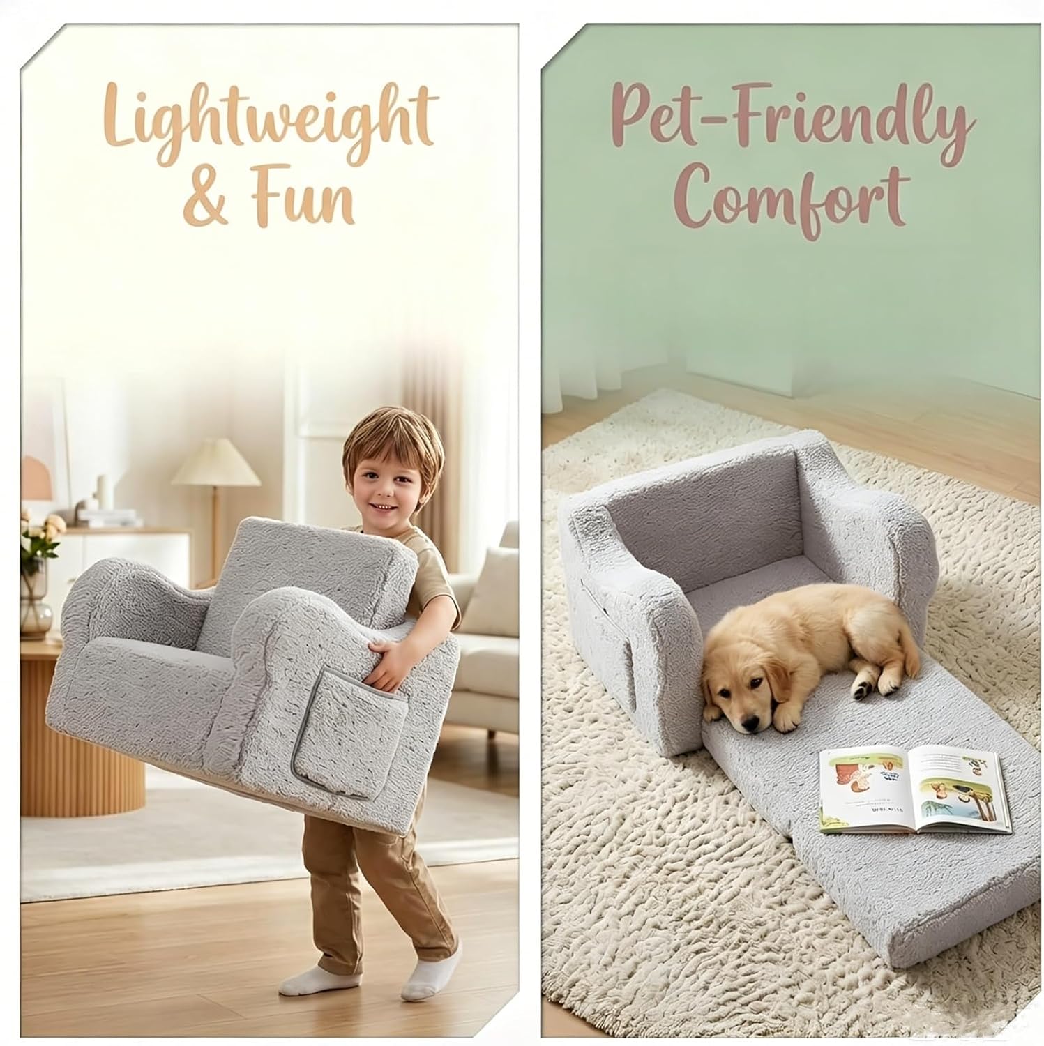 MOMCAYWEX Kids Sofa, 2-in-1 Flip-Out Foam Couch with Soft Sherpa Cover, Cozy Play Lounge Chair, Grey