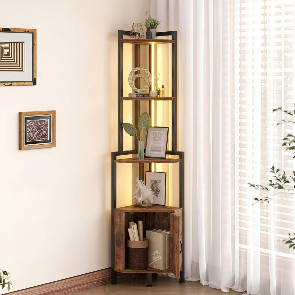 5-Tier LED Corner Cabinet Shelf, Rustic Brown Space-Saving Storage Organizer with Ambient Lighting, Freestanding Modern Farmhouse Shelf for Small Spaces