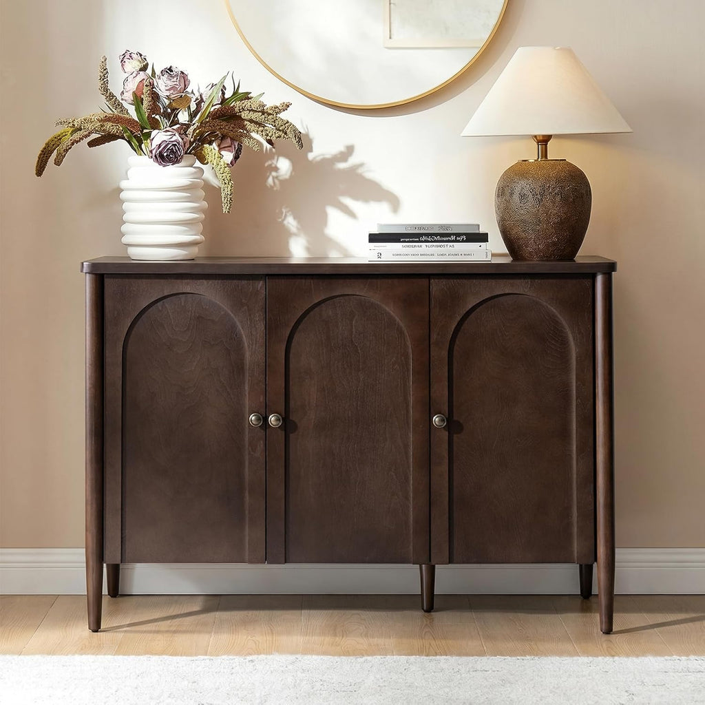 HULALA HOME Solid Wood Sideboard Cabinet with Storage, 47" Sideboard with Arched Doors & Adjustable Shelves, Media Console, Transitional Buffet Cabinet, Auburn