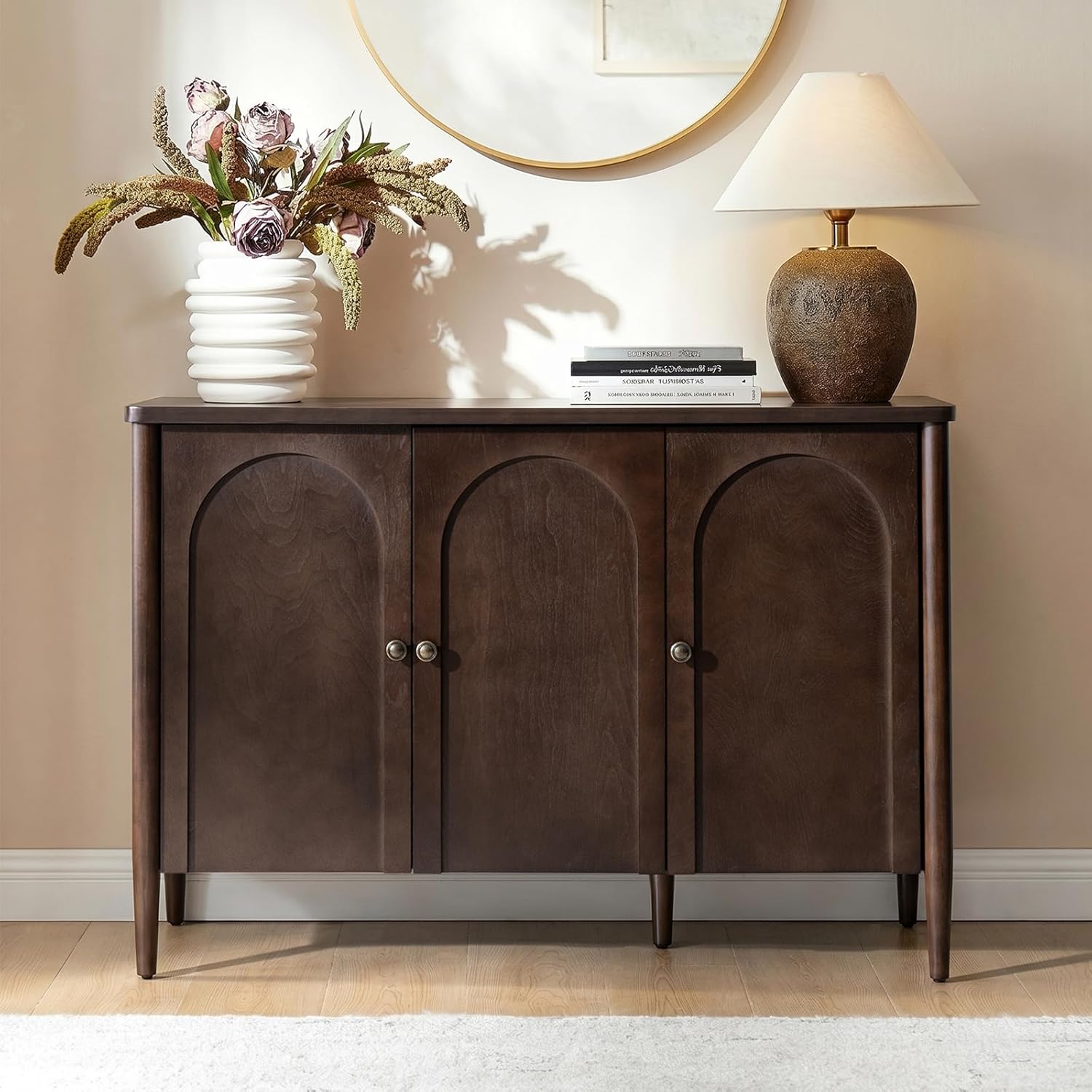 HULALA HOME Solid Wood Sideboard Cabinet with Storage, 47" Sideboard with Arched Doors & Adjustable Shelves, Media Console, Transitional Buffet Cabinet, Auburn