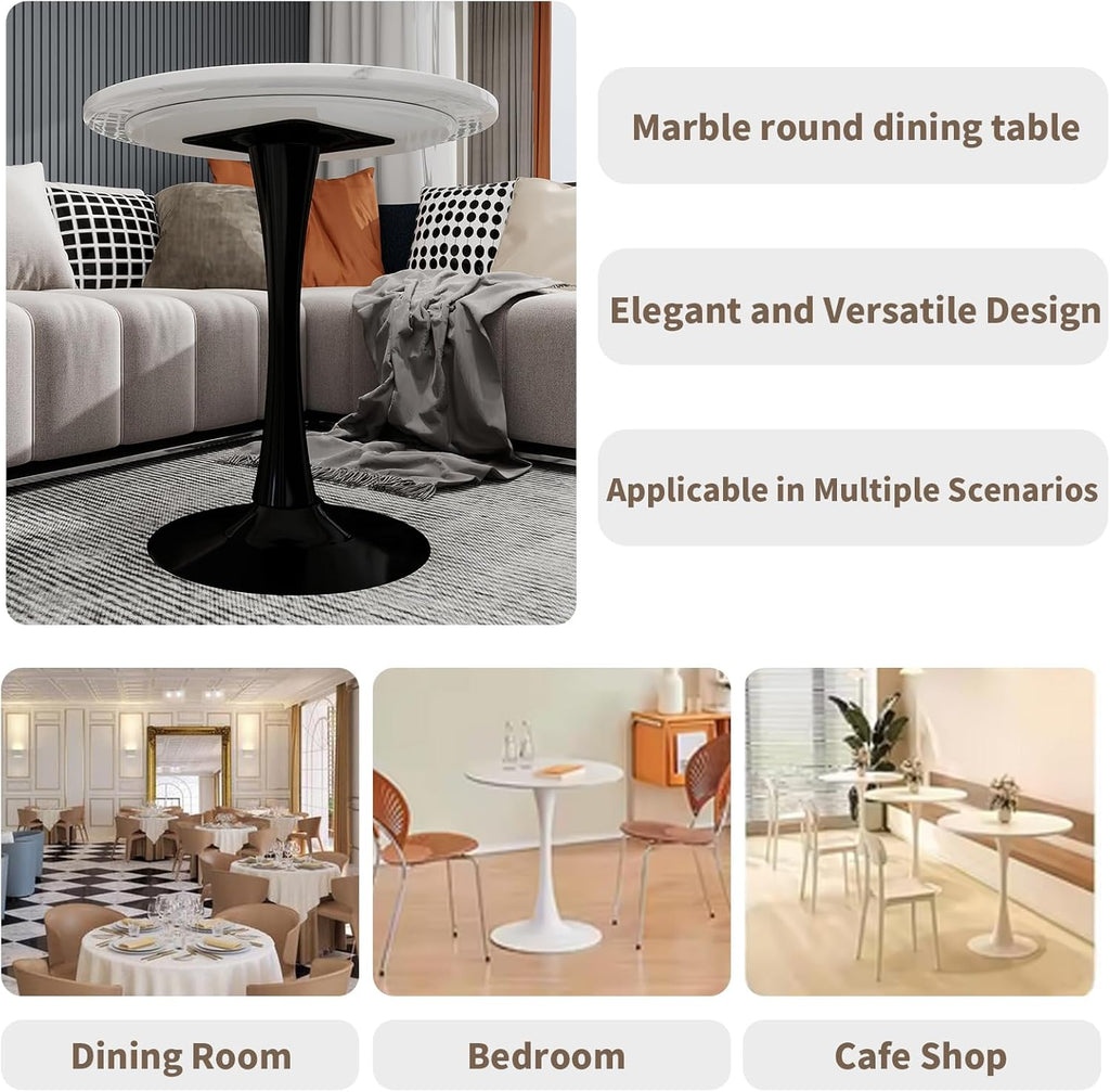 27.5" Round Side Table - White Marble Top with Tapered Pedestal Base, Modern Minimalist End Table for Living Room, Coffee Table with Sturdy Design, Easy to Clean,Black Base
