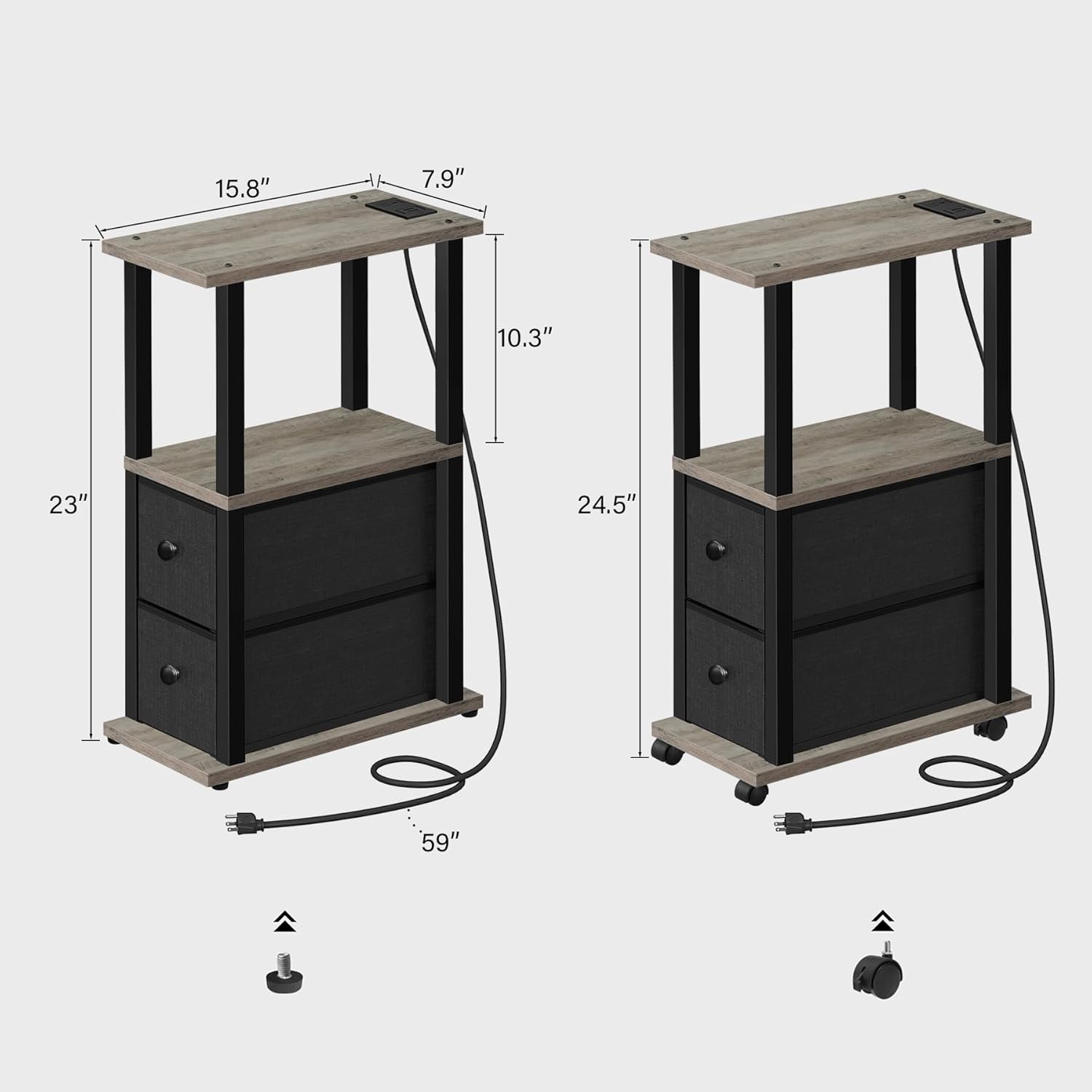 TUTOTAK Small Narrow End Tables, LED Side Tables with 2 Fabric Drawers, Set of 2, Bedside Tables with Charging Station for Small Spaces, Slim Nightstands with USB Ports and Wheels, TB01BG053L