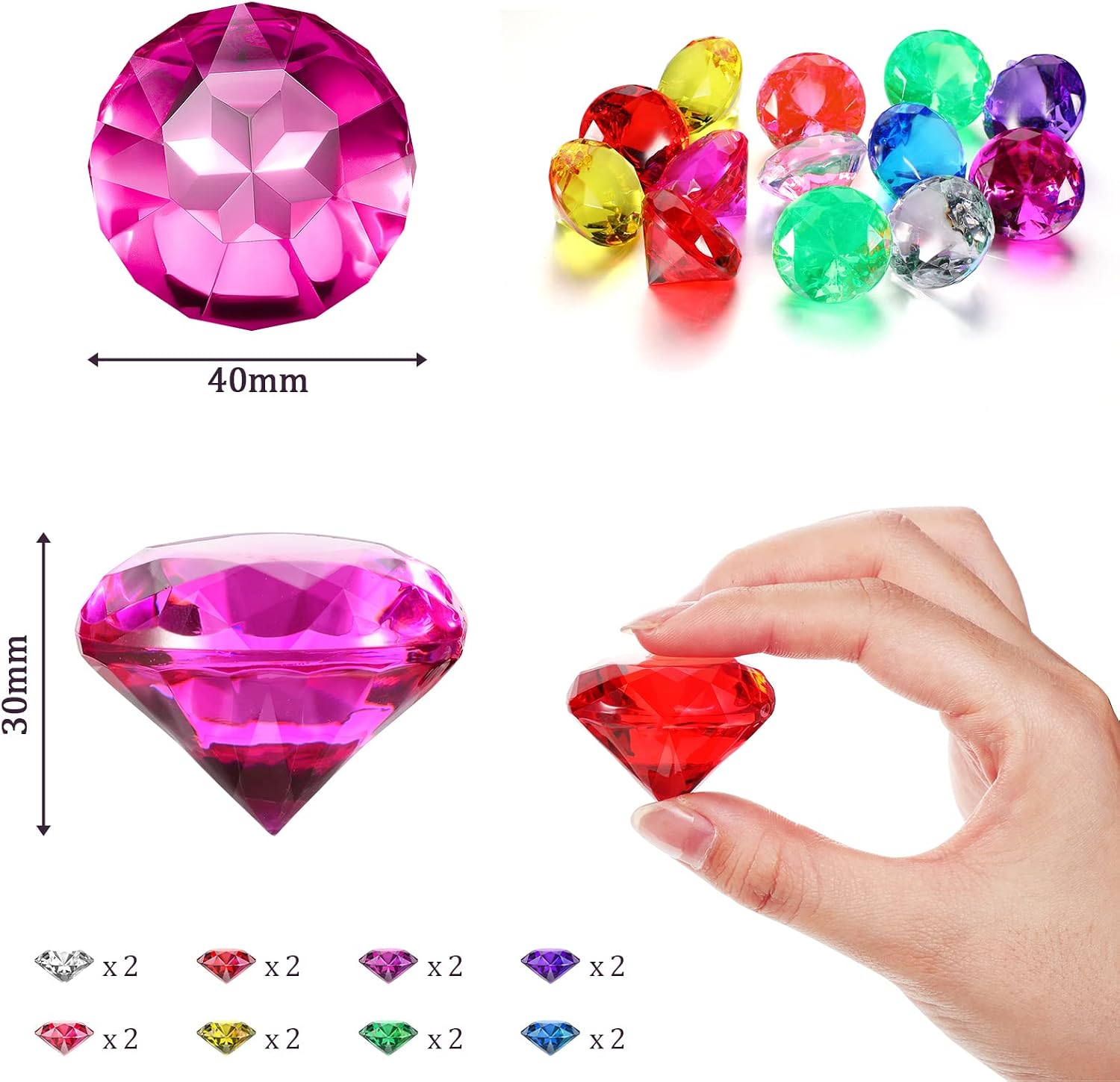 Zomiboo 16 Pcs Acrylic Diamond Large Gems Pirate Round Treasure Acrylic Gemstones Toy Gems Diamond Shaped Gemstones for Home Vase Fillers Party Decor (Multicolor,1.57 x 1.06 Inches)