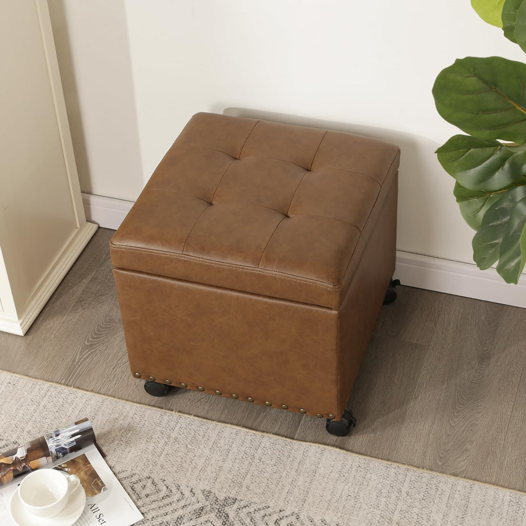Adeco 16.7" H Vintage Golden Brown Leather Storage Ottoman with 360 Caster Wheels, Square Foot Stool with Decorative Bronze Thumb Tacks & 330 LB Load Capacity