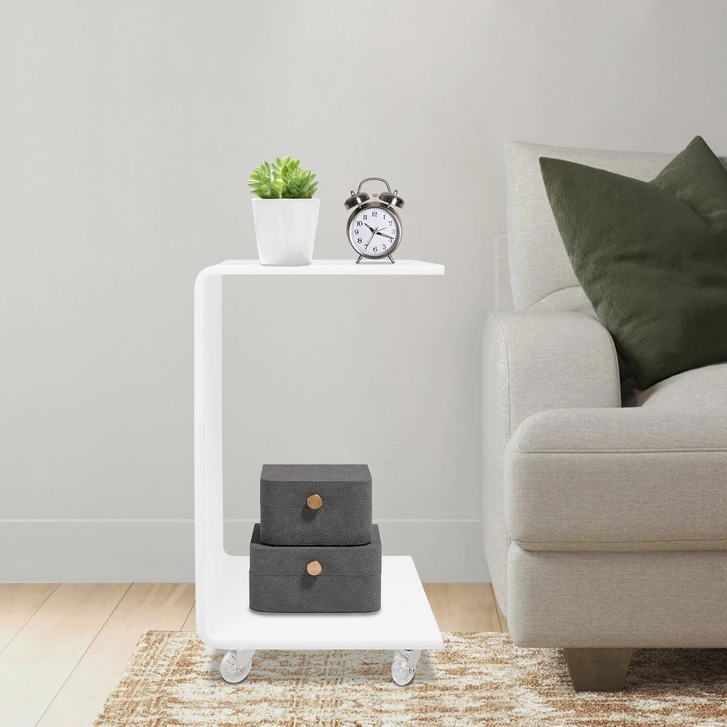 Modern Acrylic Side Table with Wheels, 14.1x13.4x21.6in Movable C-Shaped End Table for Living Room, Bedroom, Sofa, Bedside, Couch (Milky White)