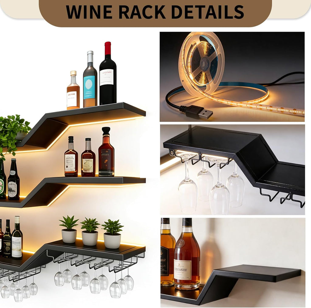47.2-inch/120cm Metal Wall Mount Wine Rack, 3-tiers Modern Wall Bar Shelf with Wine Glass Rack, Floating Liquor Shelf with LED Lights, Bottle Display Wine Storage Shelves for Home Bar Coffee Shop