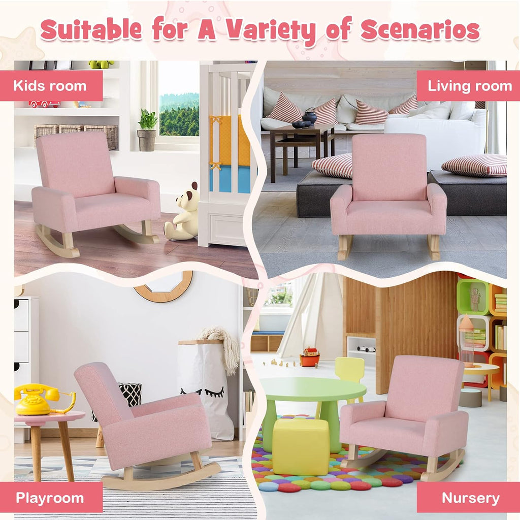 Costzon Kids Sofa, Toddler Rocking Chair with Solid Wood Frame, Linen Fabric, Anti-Tipping Design, Children Furniture Armchair for Kids Room, Nursery, Playroom, Preschool, Gift for Boys Girls (Pink)