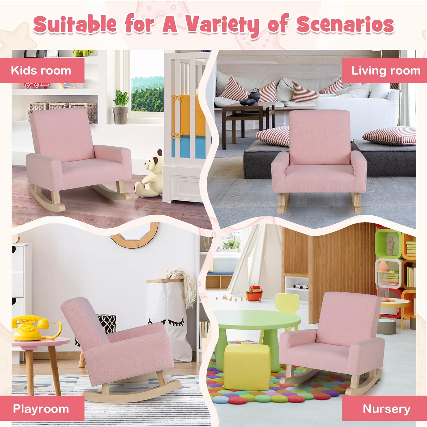 Costzon Kids Sofa, Toddler Rocking Chair with Solid Wood Frame, Linen Fabric, Anti-Tipping Design, Children Furniture Armchair for Kids Room, Nursery, Playroom, Preschool, Gift for Boys Girls (Pink)