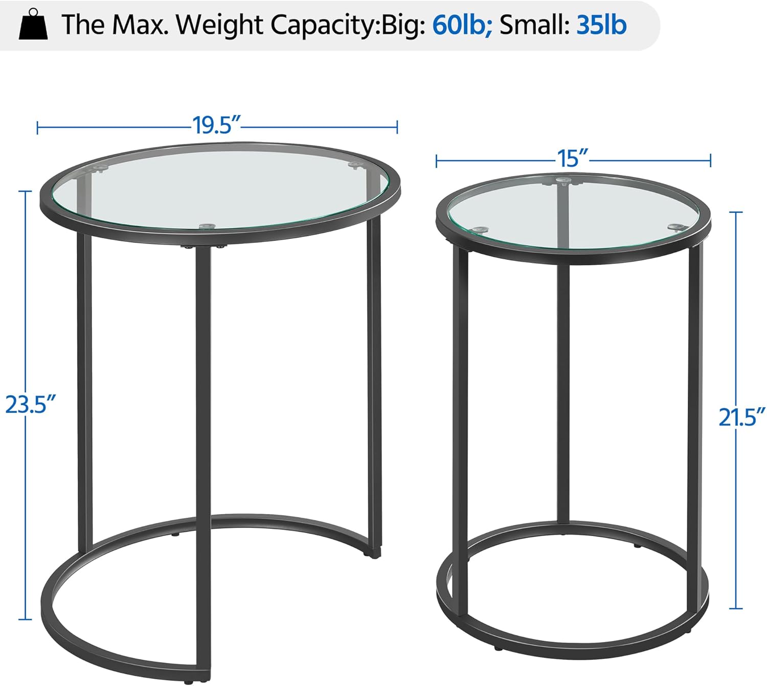 Yaheetech Round Nesting End Table Set of 2,Stacking Side Tables,Coffee Tables Set w/Metal Frame & Glass Top & Protective Foot Pads for Small Space, Living Room, Office- Black