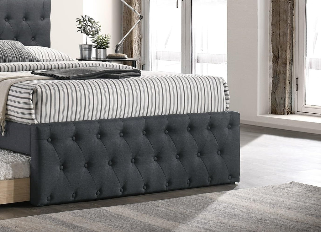 Contemporary Twin Size Bed w, Trundle Slats Charcoal Burlap Upholstered Button Tufted Headboard Footboard Youth Bedroom Furniture Wooden Slats 1pc Bed