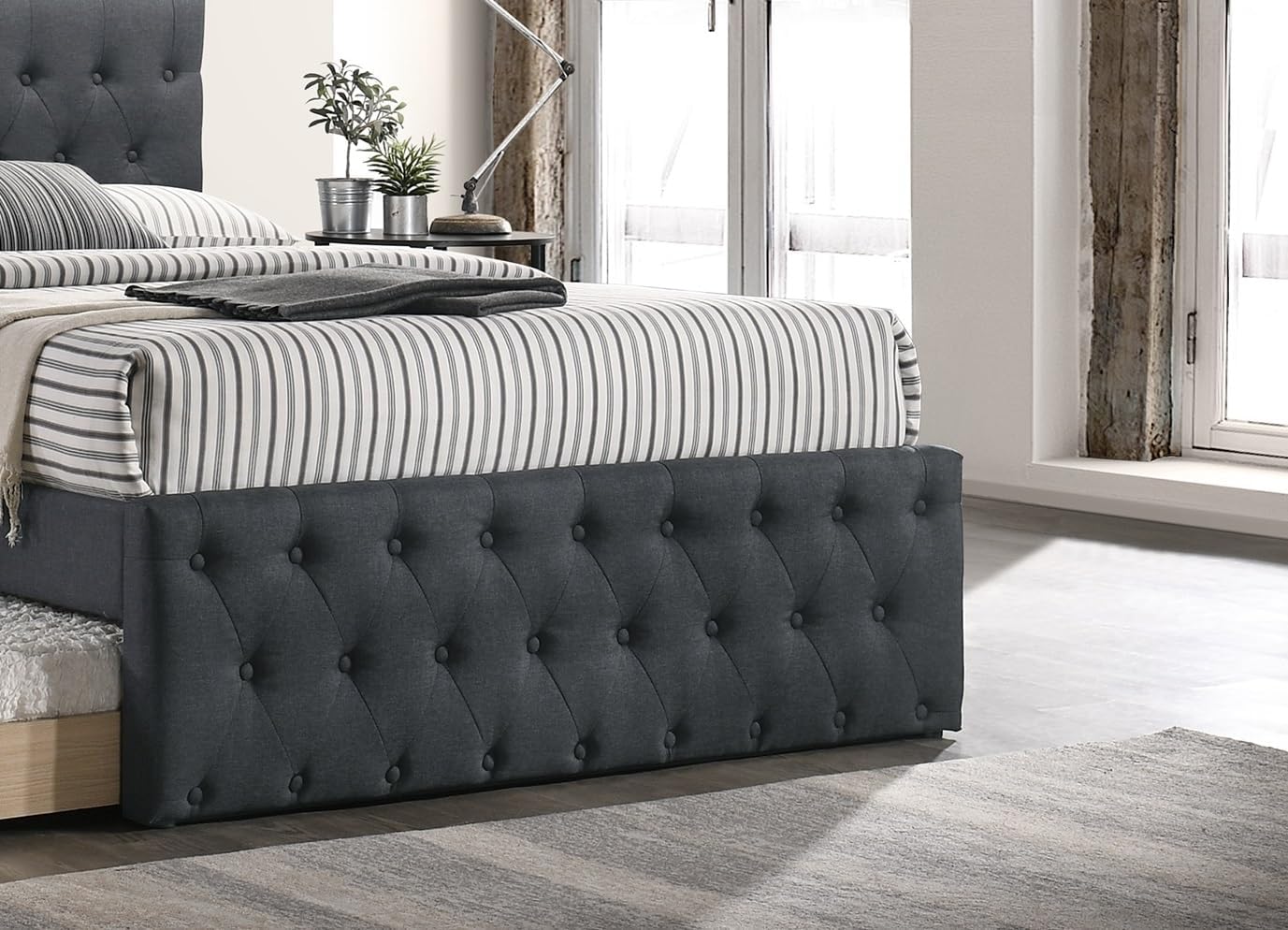 Contemporary Twin Size Bed w, Trundle Slats Charcoal Burlap Upholstered Button Tufted Headboard Footboard Youth Bedroom Furniture Wooden Slats 1pc Bed