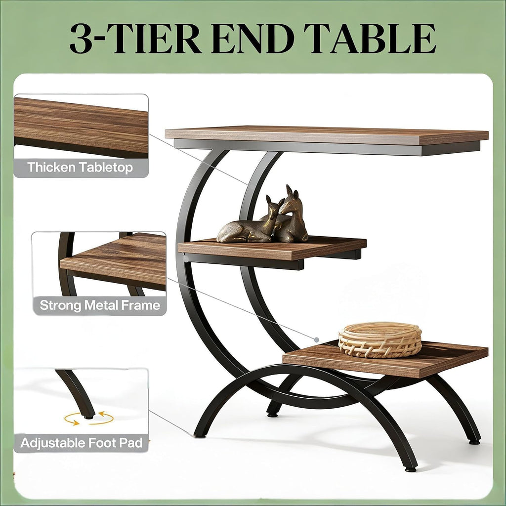 C-Shaped End Table, Narrow End Table with 3 Storage Shelves, 3-Tier Small Side Table for Couch, Wood Slim Snack Table with Black Metal Frame for Living Room Bedroom,Brown