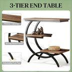 C-Shaped End Table, Narrow End Table with 3 Storage Shelves, 3-Tier Small Side Table for Couch, Wood Slim Snack Table with Black Metal Frame for Living Room Bedroom,Brown