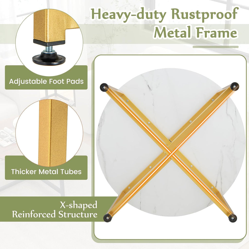 COSTWAY Coffee Table Set of 3, Round Faux Marble Coffee Table and 2 Square End Side Tables with Metal Frame, Modern 3-Piece Living Room Tables Set for Small Space, Apartment (White & Gold)