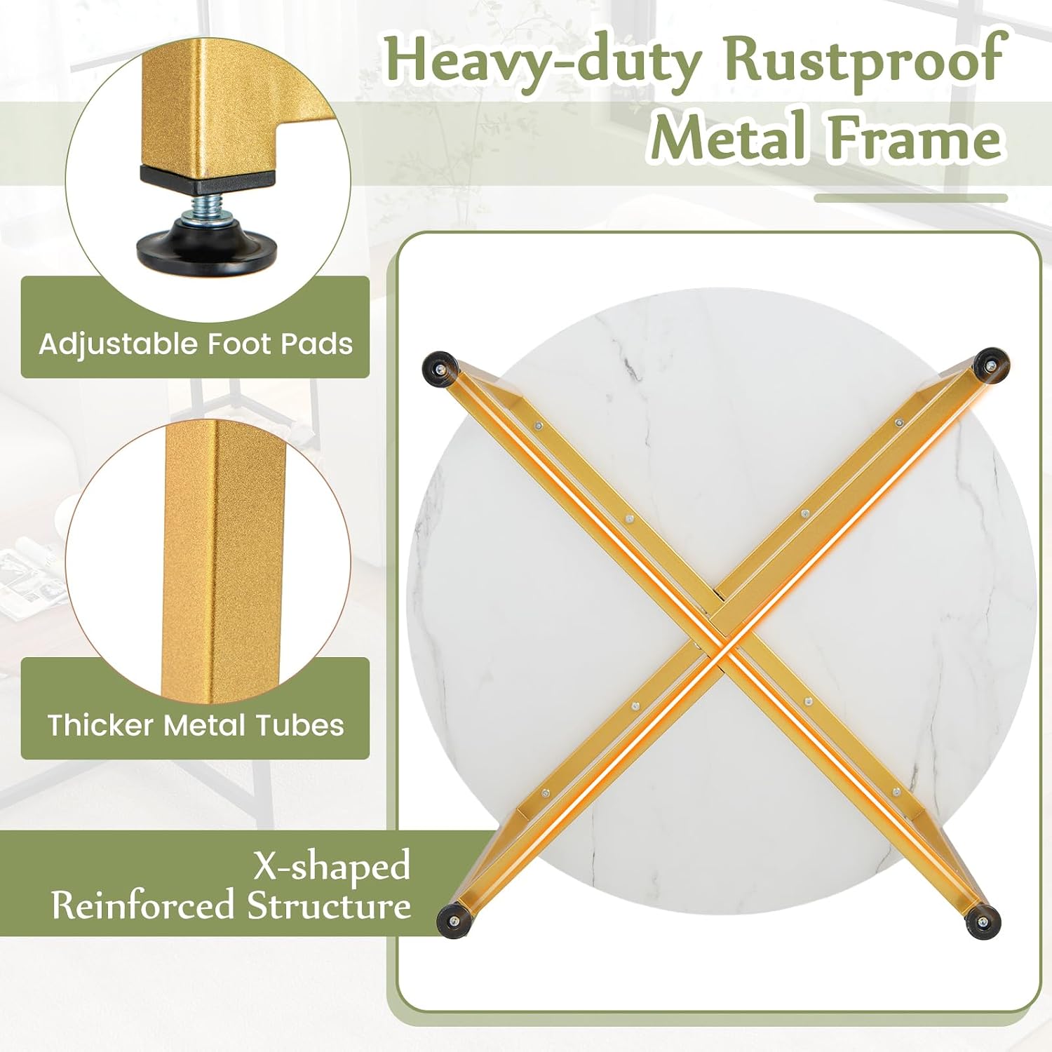 COSTWAY Coffee Table Set of 3, Round Faux Marble Coffee Table and 2 Square End Side Tables with Metal Frame, Modern 3-Piece Living Room Tables Set for Small Space, Apartment (White & Gold)