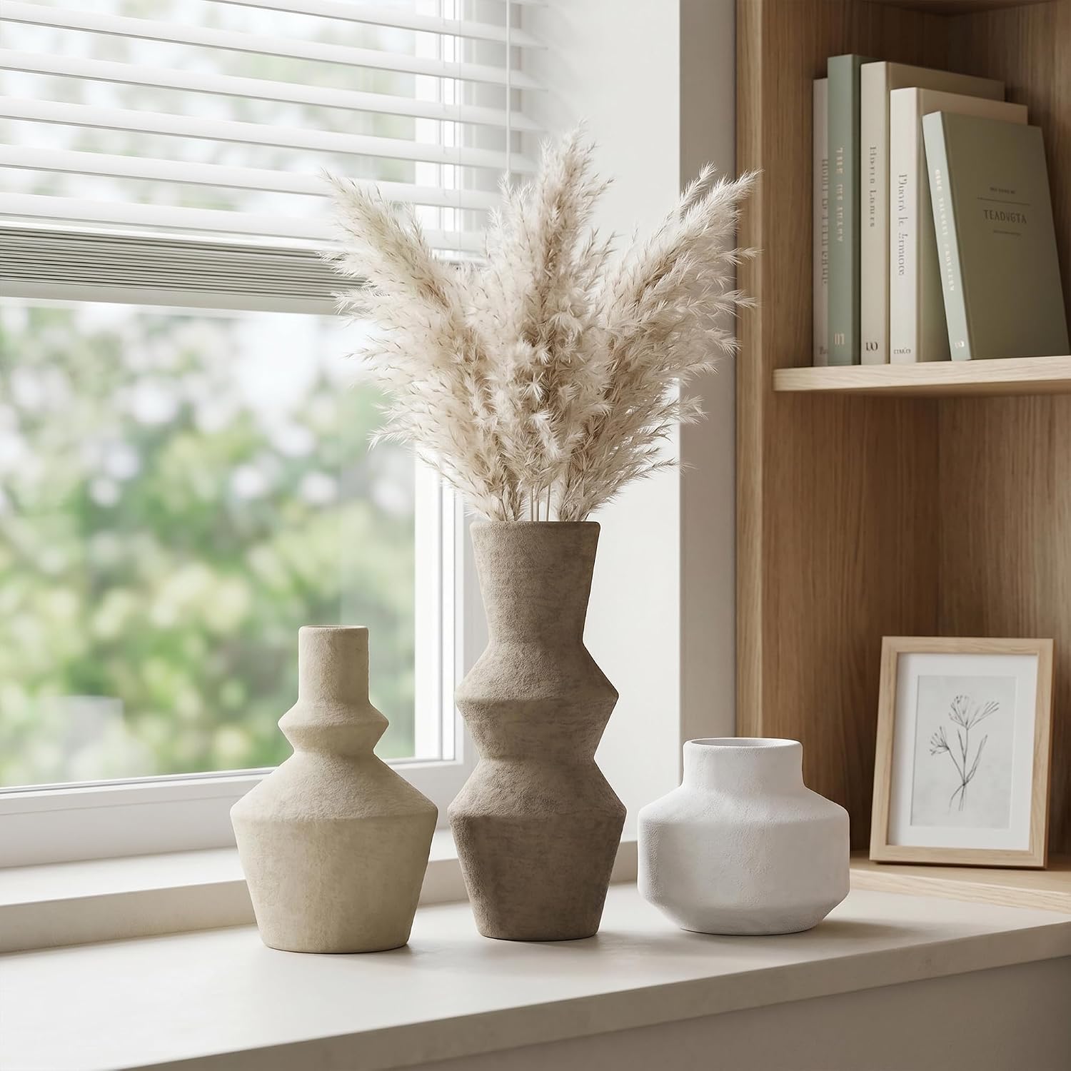 DREAMLOOM Ceramic Vase Set of 3, Modern Rustic Flower Vases for Pampas Grass, Dried & Fresh Flowers, Farmhouse Home Decor Vase for Living Room Bedroom Kitchen Shelf Centerpiece, Brown