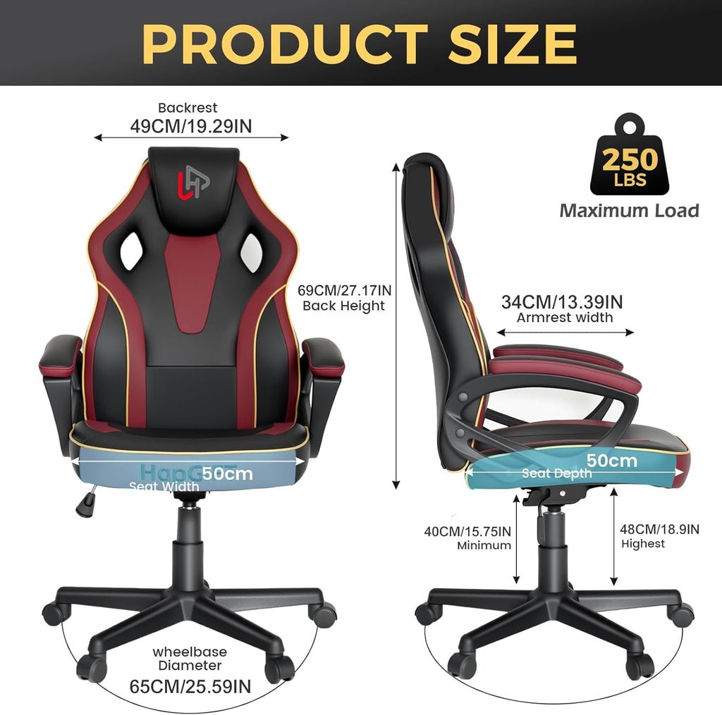 HapGIFT Computer Chair, Racing Style Gaming Chair with Link Armrest, Ergonomic PC Office Chairs for Adults Teens, Height Adjustable Video Game Chairs for Home, Swivel PC Chair, 300lbs (BLACK RED)