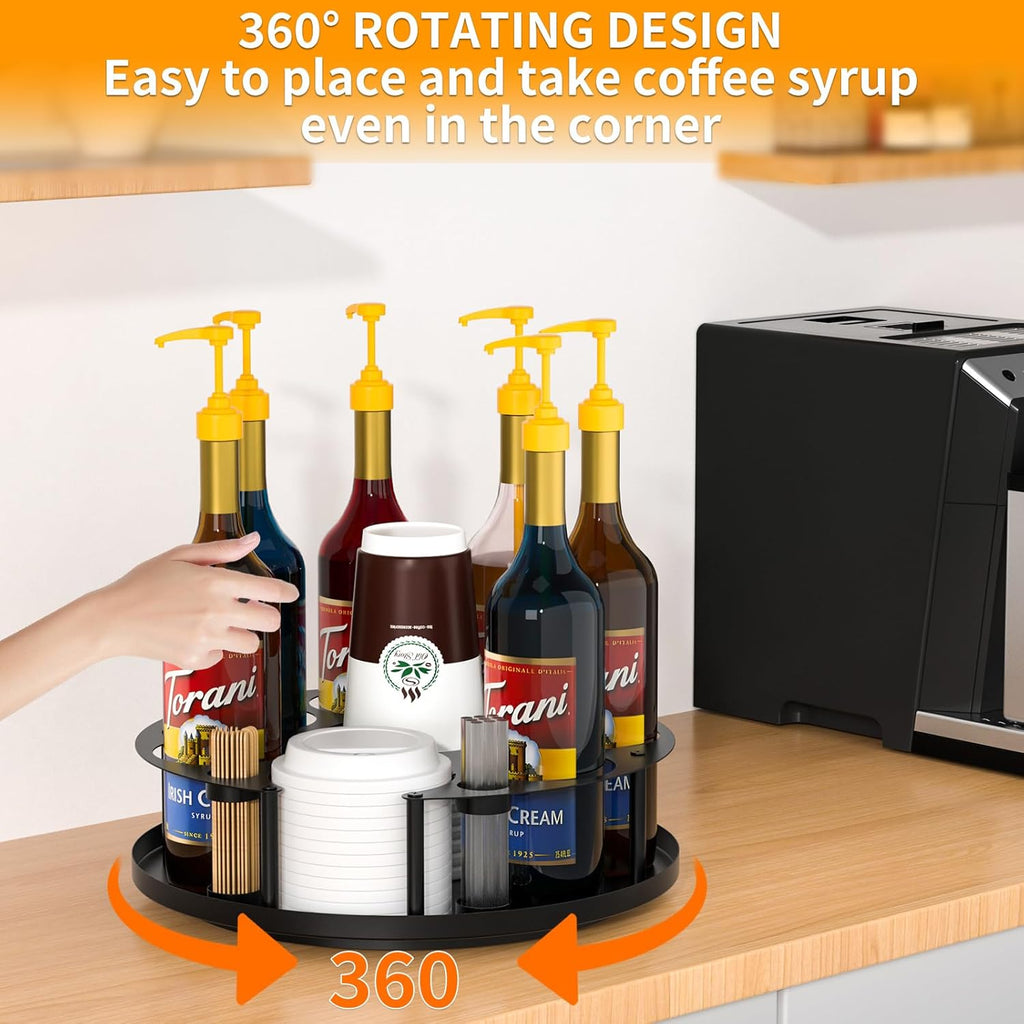 Coffee Syrup Organizer 8 Bottles, Rotating Coffee Syrup Holder with Stirrers Storage for Syrup Bottles, Cup and Lid, Wine Display, Syrup Rack Stand for Coffee Bar Organizer, Kitchen