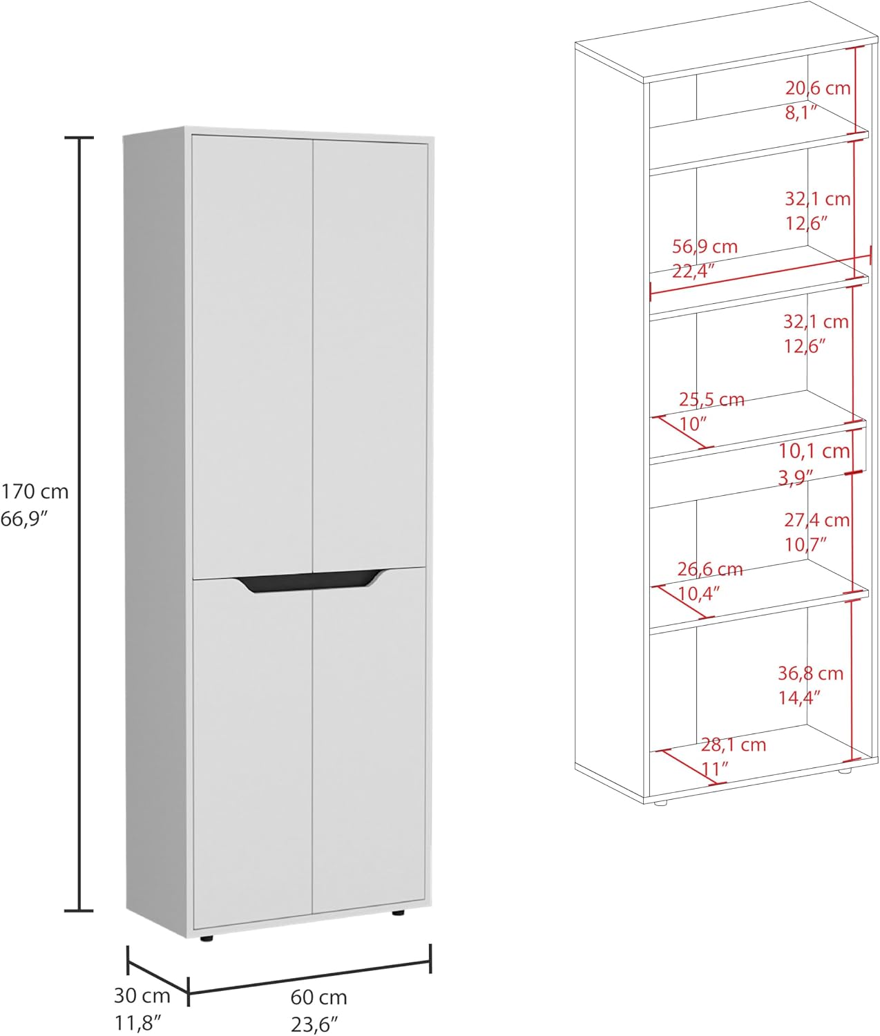 23.6" D*11.8" W*66.9" H Kitchen Pantry with 3 Shelves, 2 Double Doors, Rectangular Storage Cabinet, Modern Minimalist, for Living Room, Dining Room, White