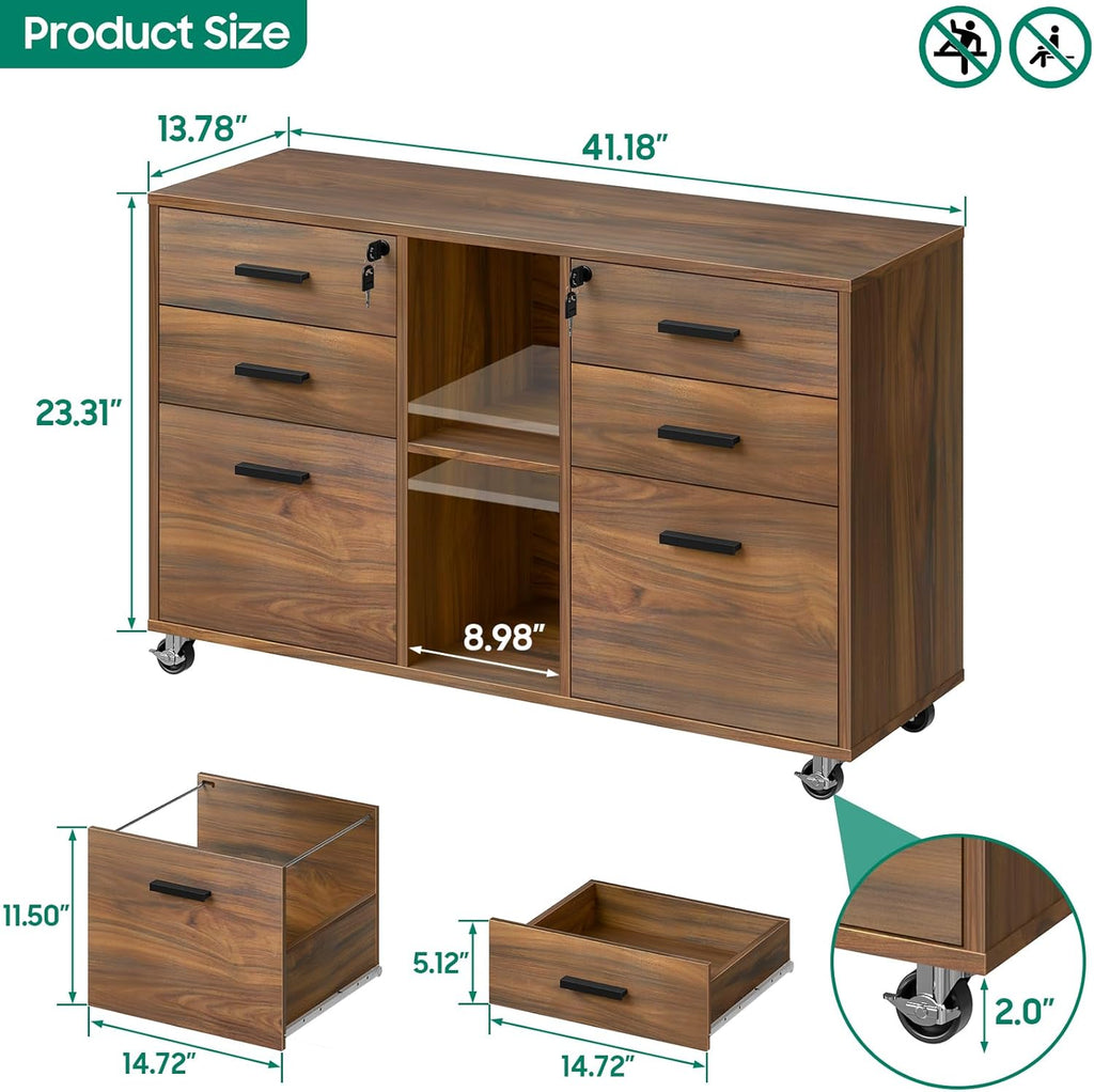 Halitaa Lateral File Cabinet with Lock, Large Mobile Storage Filing Cabinet with 6 Drawers Fits Files Letter/A4 Size, Rolling Printer Stand with Open Storage Adjustable Shelf for Home Office, Brown