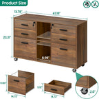 Halitaa Lateral File Cabinet with Lock, Large Mobile Storage Filing Cabinet with 6 Drawers Fits Files Letter/A4 Size, Rolling Printer Stand with Open Storage Adjustable Shelf for Home Office, Brown