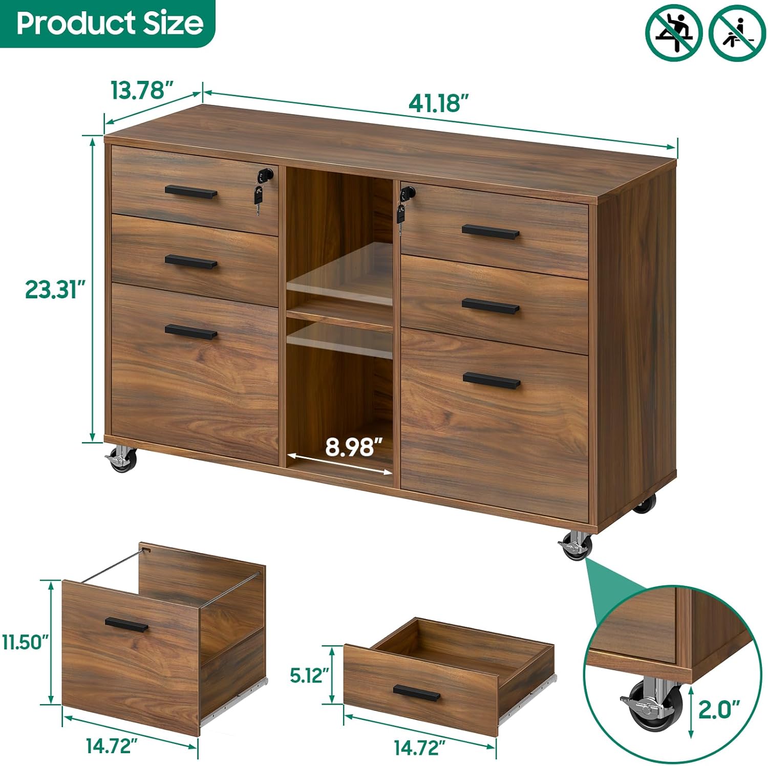 Halitaa Lateral File Cabinet with Lock, Large Mobile Storage Filing Cabinet with 6 Drawers Fits Files Letter/A4 Size, Rolling Printer Stand with Open Storage Adjustable Shelf for Home Office, Brown