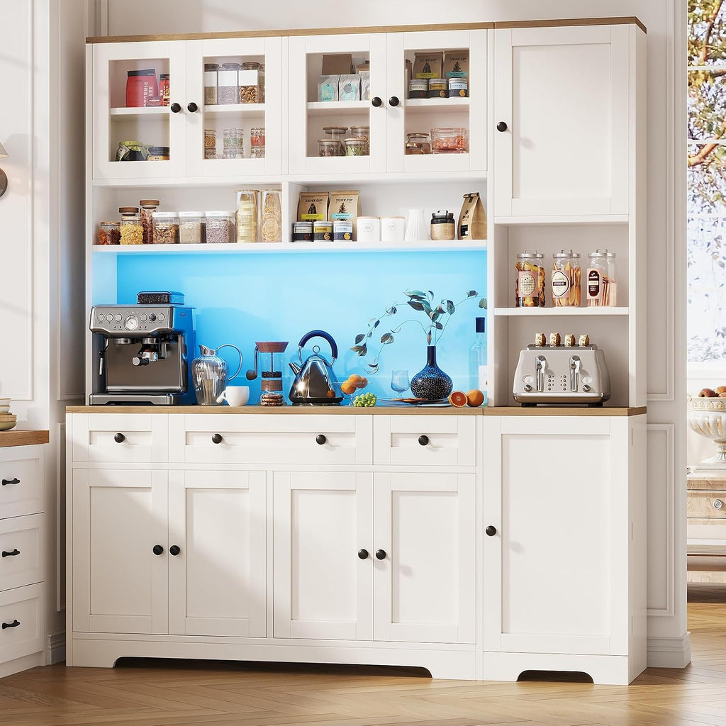 Pantry Cabinet with Glass Doors, 63" Kitchen Storage Cabinet with LED Light & Charging Station, Food Pantry Cabinet with 3 Drawers & Adjustable Shelves, Coffee Bar Cabinet for Dining Room, White