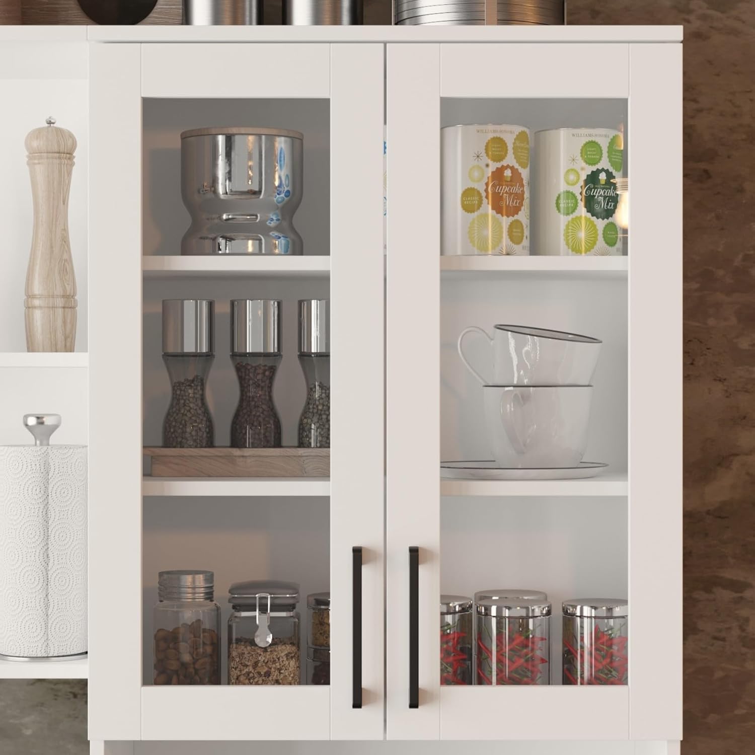 Kitchen Storage Cabinet with Glass Doors & Shelves, Kitchen Pantry with 12 Drawers, for Dining Room, White 94.5”W x 15.8”D x 83.3”H