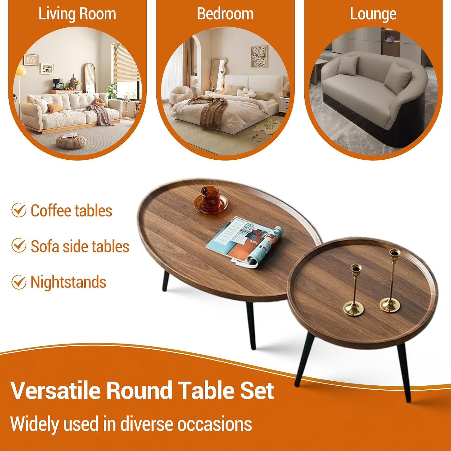 Nesting Coffee Table Set of 2-Mid Century Modern Guitar Pick Stacking Tables with Solid Wood Legs-Waterproof Circle Center Table for Living Room Bedroom Balcony