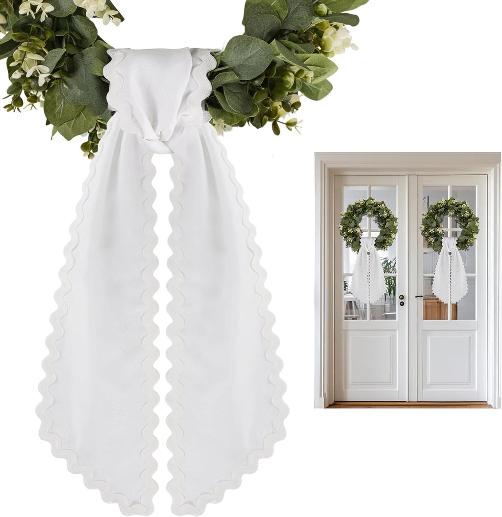 2 Pcs Scalloped Wreath Sash for Front Door Ruffle Wreath Ribbon for Yard Porch Garland Home Decor(White)