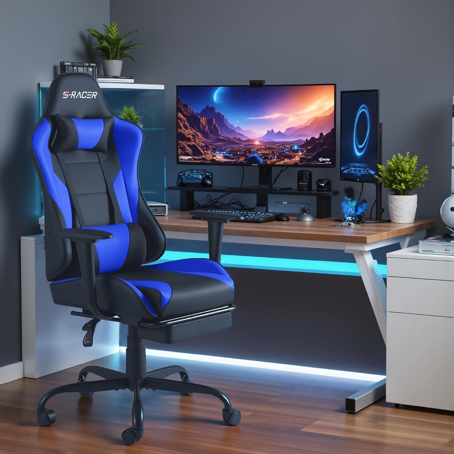 Gaming Chairs, Computer Chair with Footrest and Massage Lumbar Support, Height Adjustable Game Chair with Headrest and Swivel Seat (Blue)