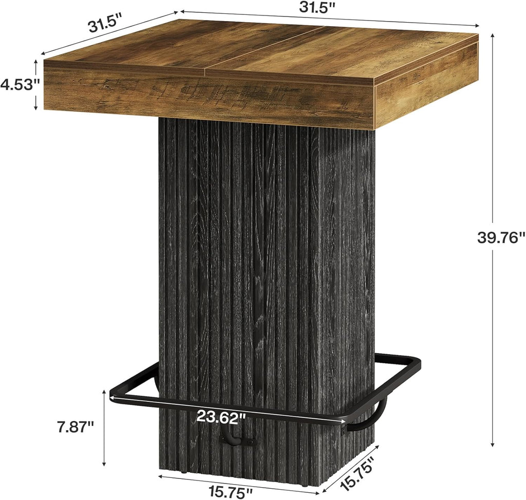 Tribesigns Square Bar Table, Kitchen Dining Table, Industrial Counter Height Pub Cocktail Table Home Bar Unit with Metal Footrest for Dining Room, Tavern, Coffee Corner, Bistro, Rustic Brown