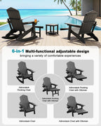 Adirondack Rocking Chairs with Retractable Ottoman & Cup Holders, 6-in-1 Folding HDPE Outdoor Rockers for Patio, Porch, Lawn, Black