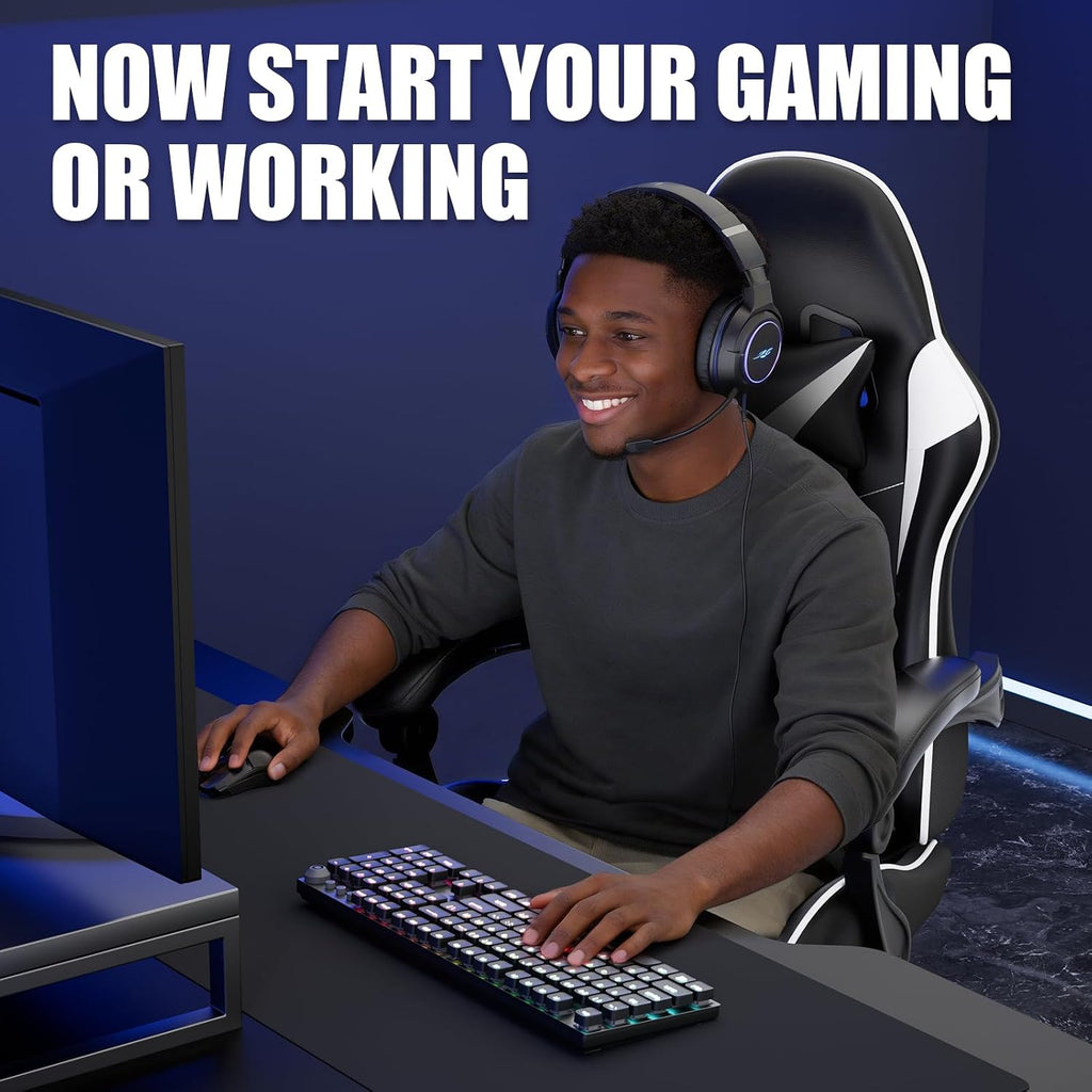 Czlolo Gaming Chair with Footrest, Lumbar Support Massager Video Game Chair with Metal Legs, High Back Reclining Gamer Chair with Headrest, 360° Swivel Office Computer Desk Chair (Snow White)