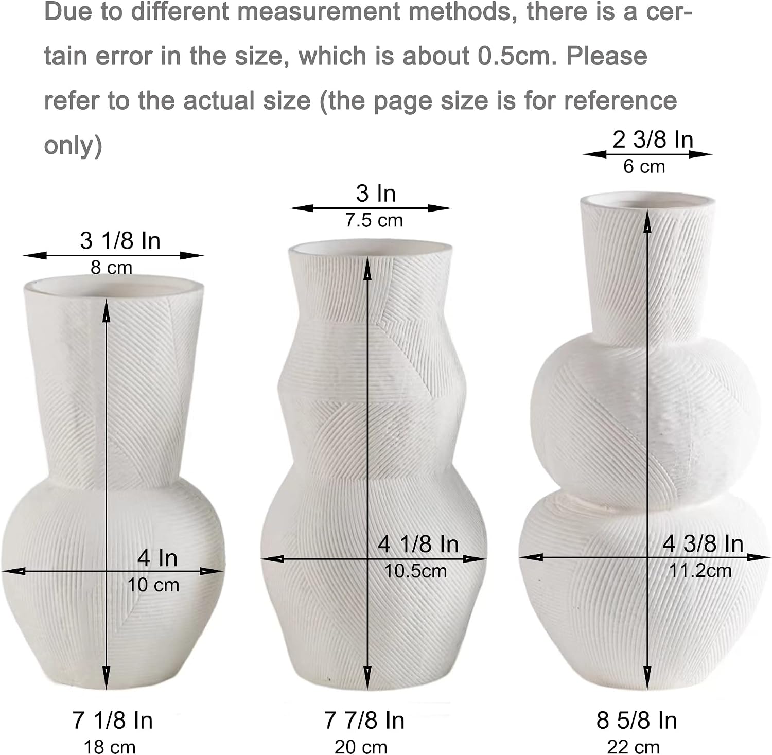 Ceramic Vases for Flowers, Matte White Ribbed Vase Set of 3, Decorative Vases for Pampas Grass, Modern Farmhouse Home Decor, Pottery for Centerpieces, Boho Vases