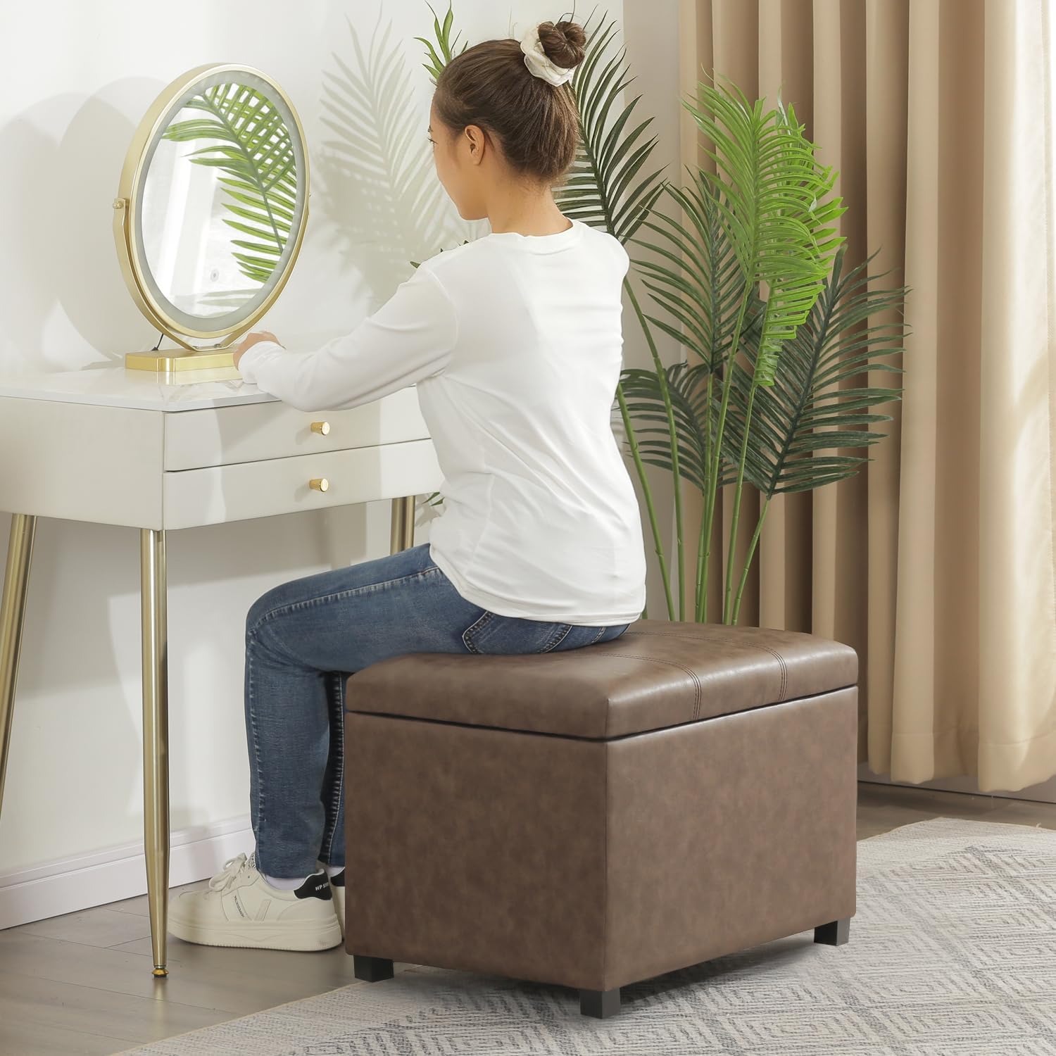 Joveco 24" Leather Storage Ottoman Bench, Rectangle Foot Rest Stool for Living Room, Bedroom, Entryway, Earthy Light Brown Veining