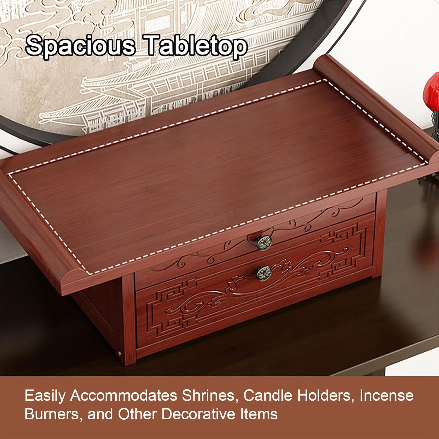 Altar Table Personal Meditation Shrine Buddhist Altar Table Retro Chinese Style Altar Shelf with Retractable Pull-Out Shelf and Drop-Down Door Storage Compartment 50cm/19.6in