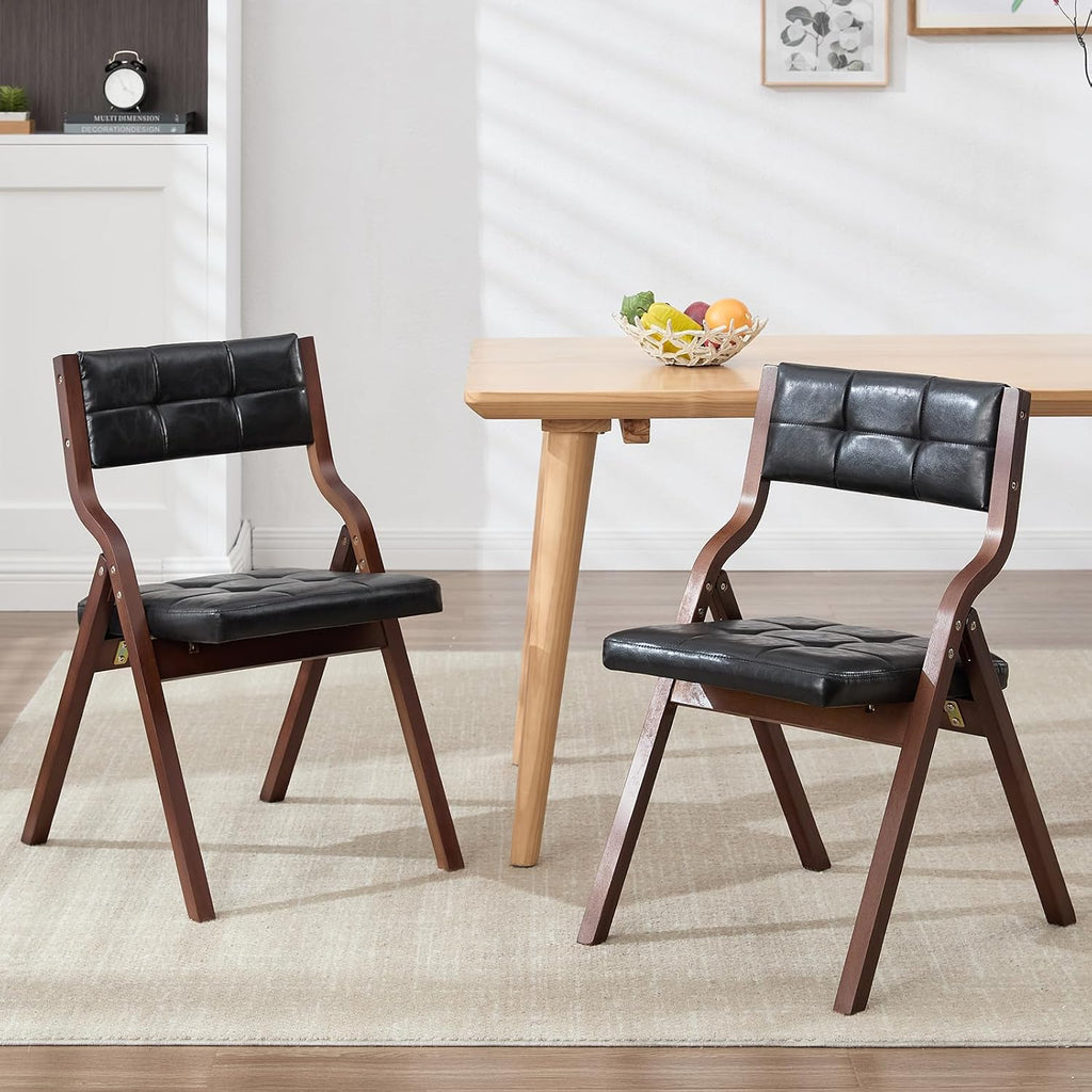 2-Pack Folding Dining Chairs with Cushion,Faux Leather Padded Foldable Dining Chairs,Portable Wooden Folding Chairs for Dining Rooms Kitchen Wedding and Party Indoor Black