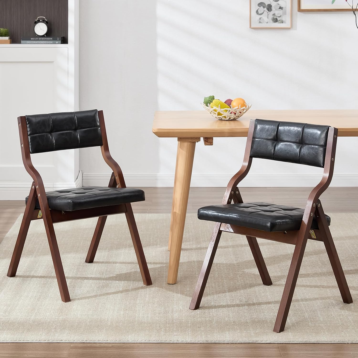 2-Pack Folding Dining Chairs with Cushion,Faux Leather Padded Foldable Dining Chairs,Portable Wooden Folding Chairs for Dining Rooms Kitchen Wedding and Party Indoor Black