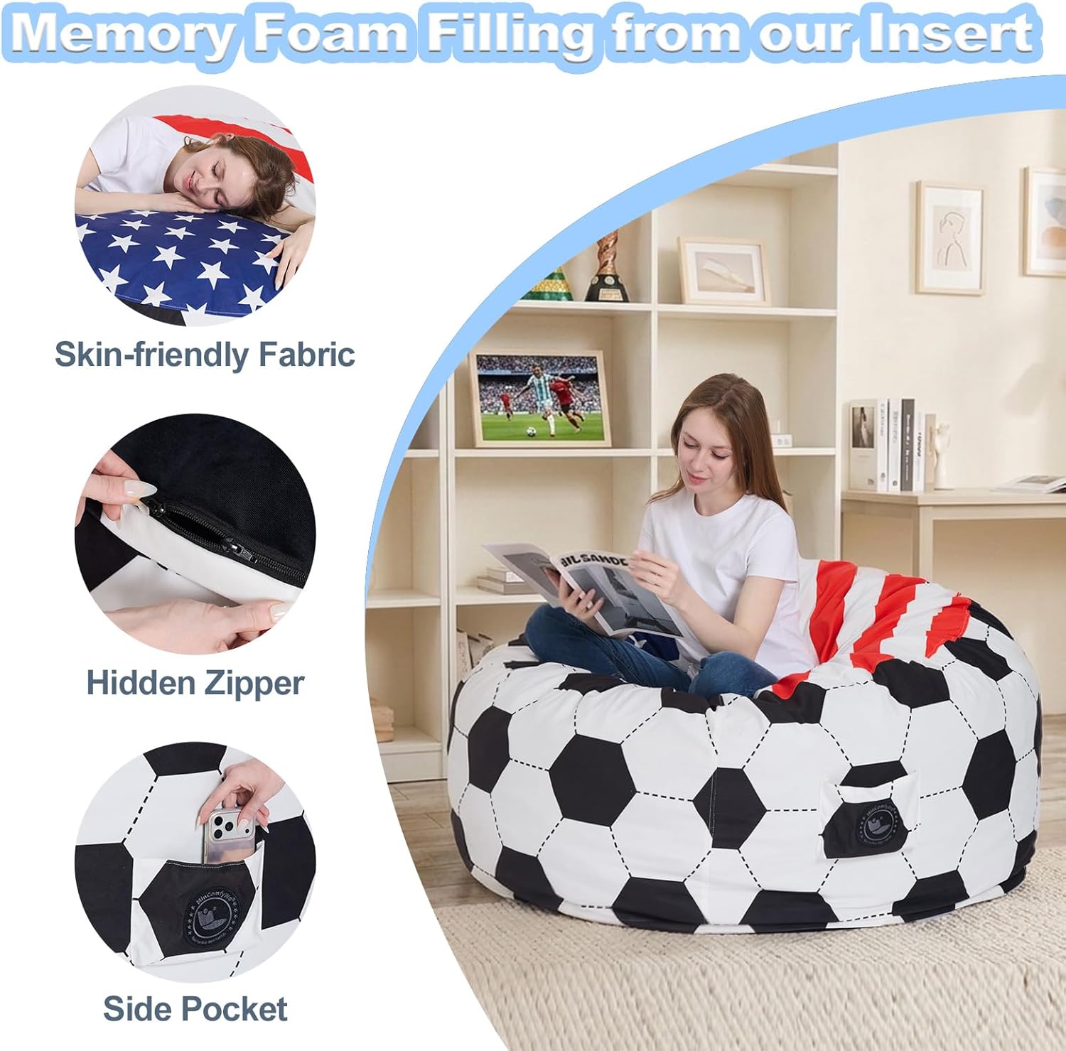 4FT Soccer Football Bean Bag Chair with Printed Flag Bean Bag Cover for Adults&Kids,2026 World Cup USA Fan Large Memory Foam Beanbags Ideal for Game Day & Living Room Bedroom
