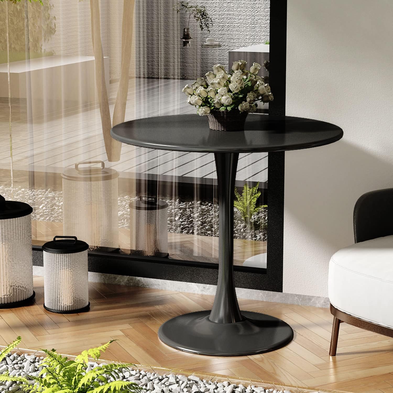 Round Dining Table, 24" Circle Pedestal Table with Thickened Top & Metal Base, Mid-Century Modern Coffee Table for Living Room, Kitchen, Small Spaces, Black