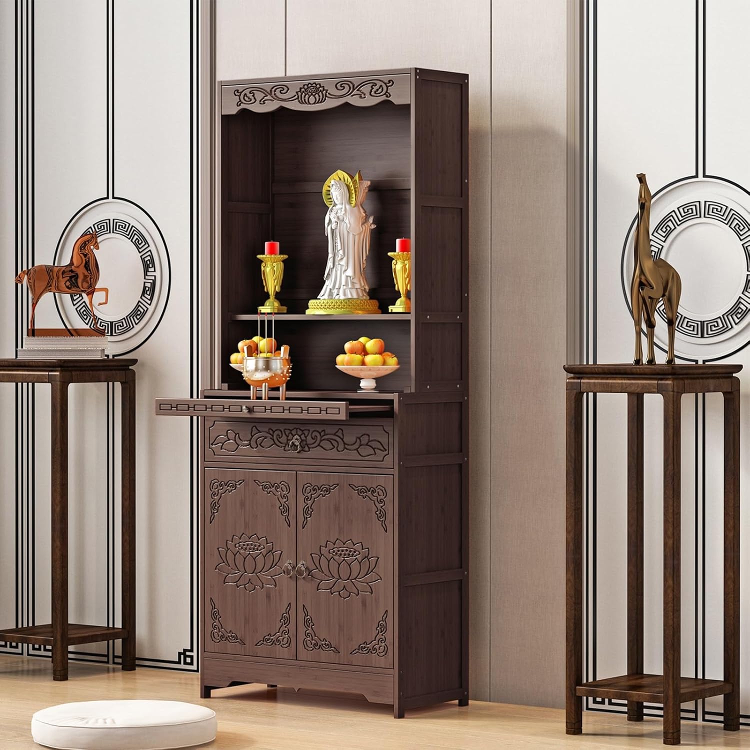 Meditation Table with Storage, Bamboo Buddhist Altar Cabinet, Personal Shrine Altar Table, Chinese Pooja Prayer Cabinet, for Living Room, Bedroom, Office(70cm/27.5in)